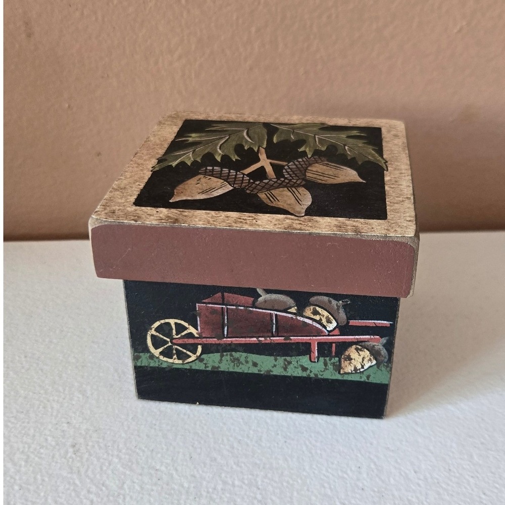 Primitives by Kathy PJ Rankin-Hults Wood Acorn Wheelbarrow Trinket Box Folk Art